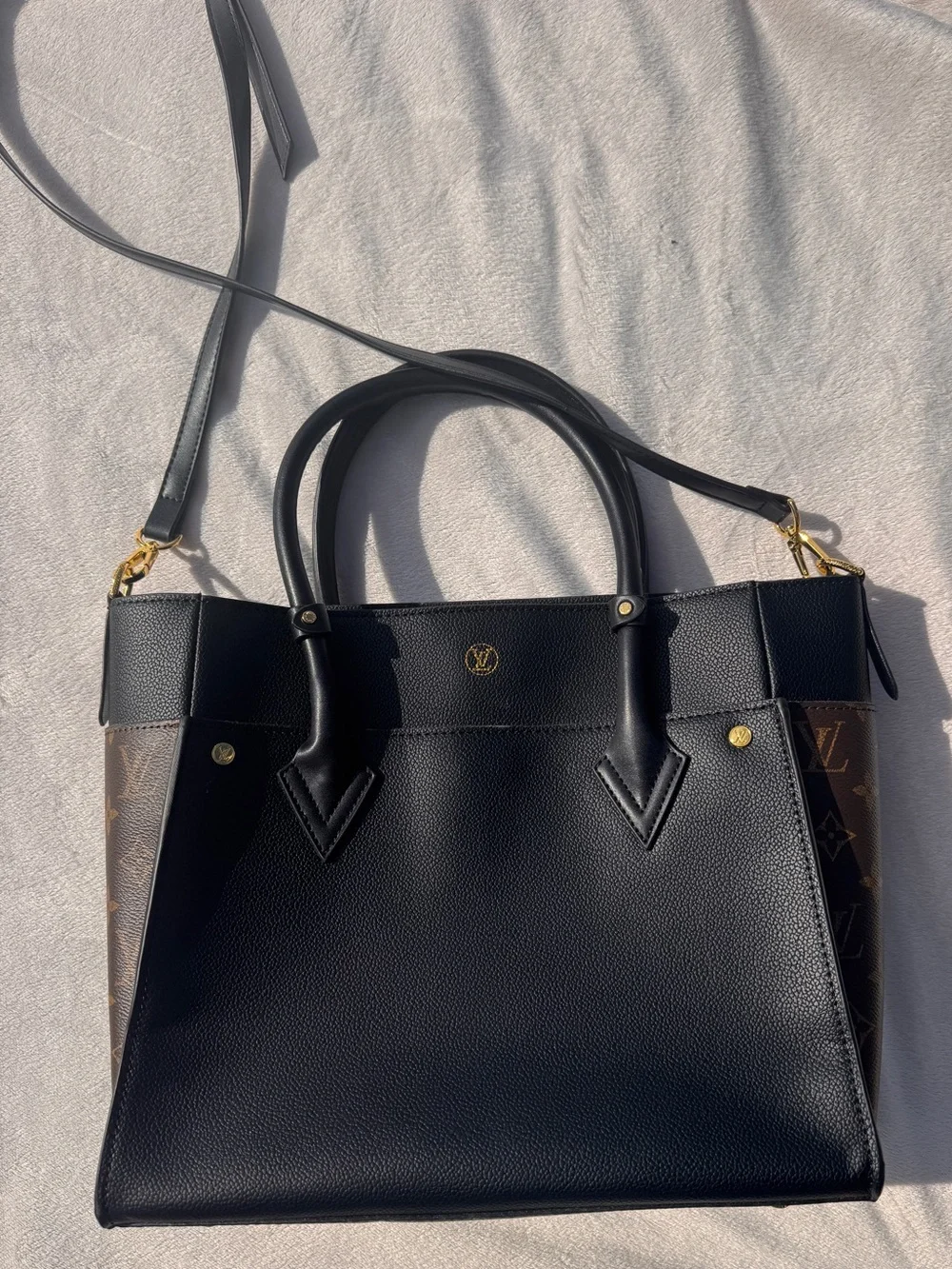 Louis Vuitton Black Leather Satchel with Monogram Side Panels and Gold Hardware